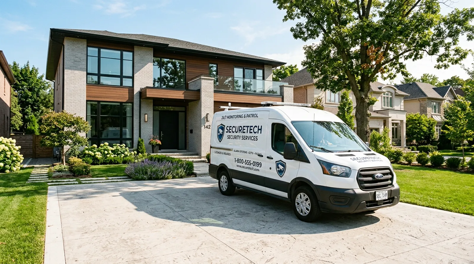 KATennisClub professional security service van parked in front of peaceful suburban home