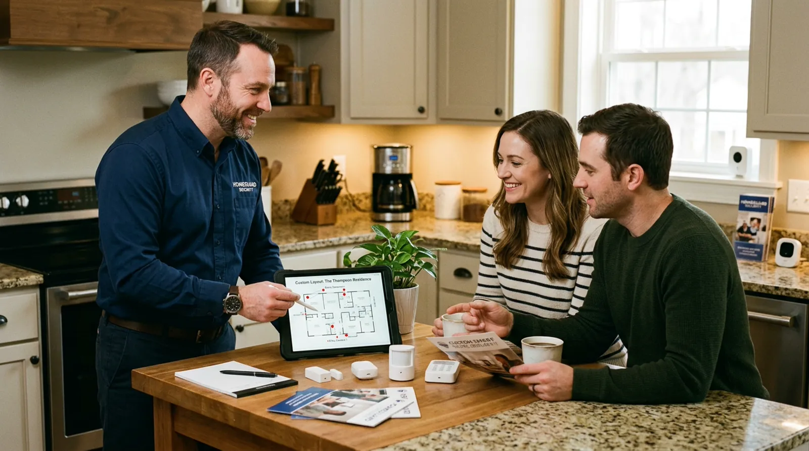 Home security advisor explaining custom camera layout options to a couple at their kitchen island