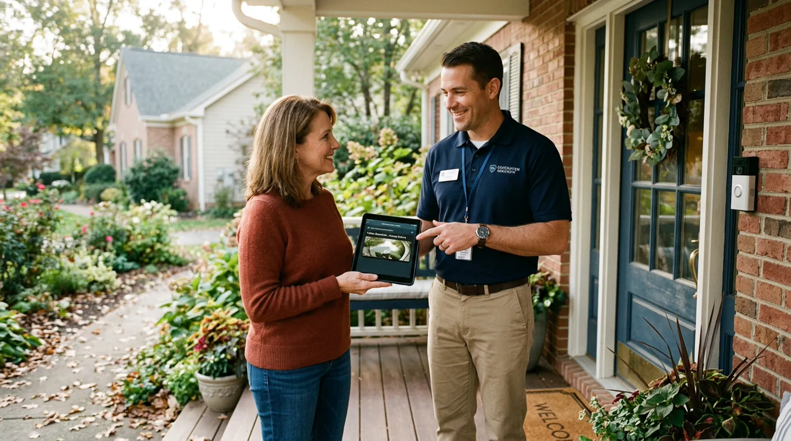 Friendly certified security consultant explaining tablet system controls on front porch to homeowner