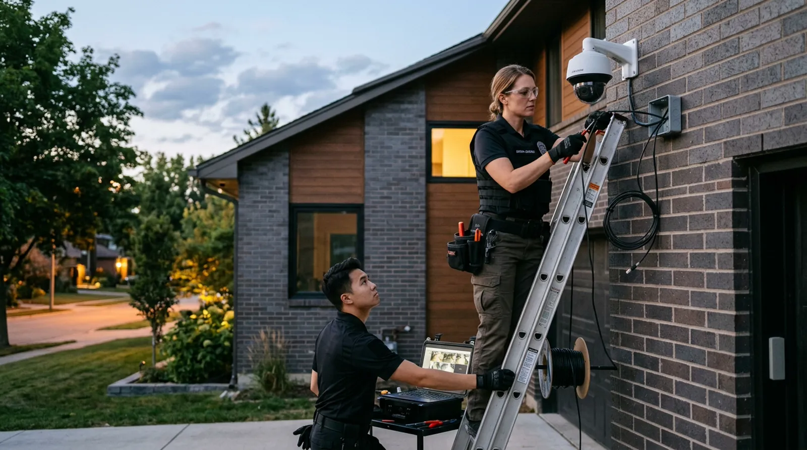 Security specialists inspecting and calibrating outdoor camera angle on residential facade