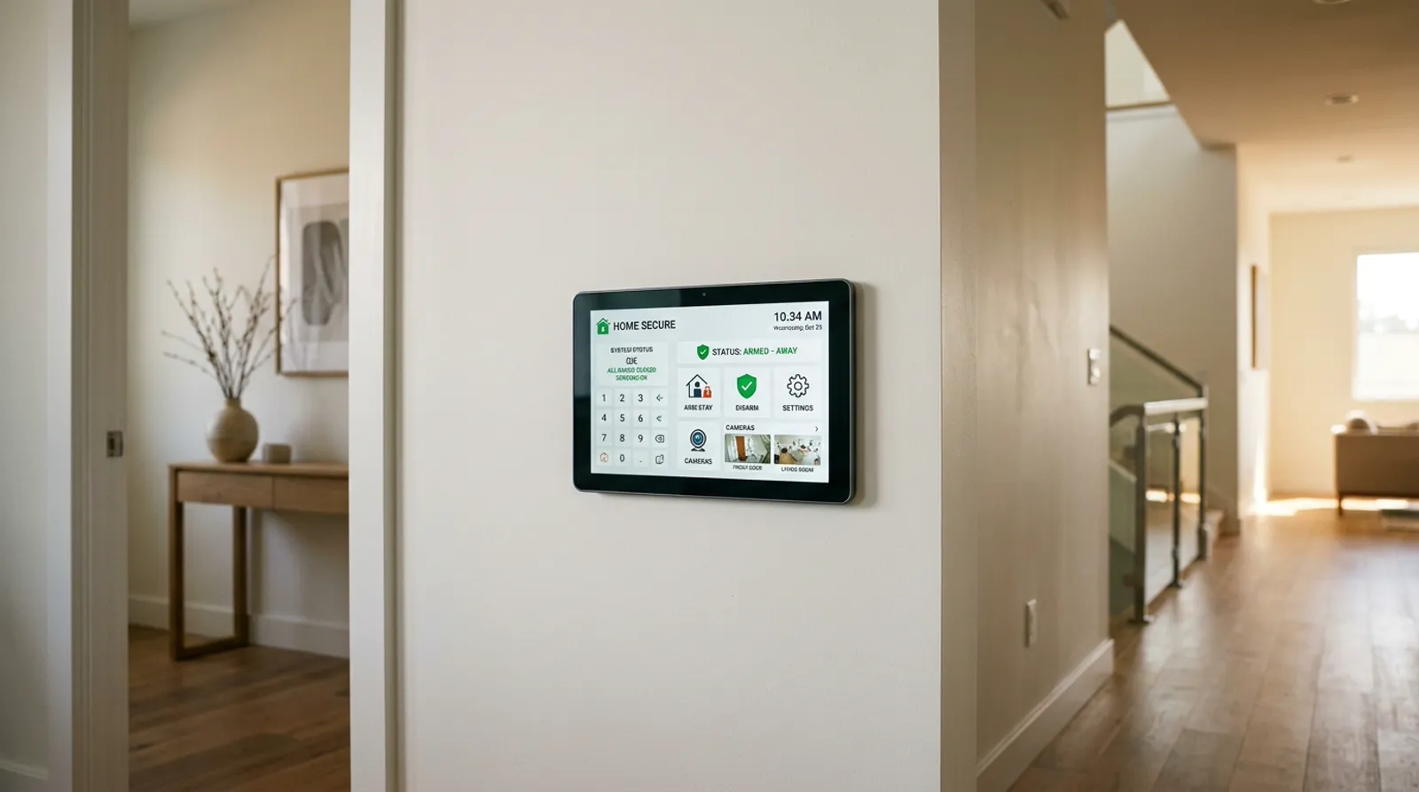 Sleek touchscreen smart home security control panel mounted on modern wall
