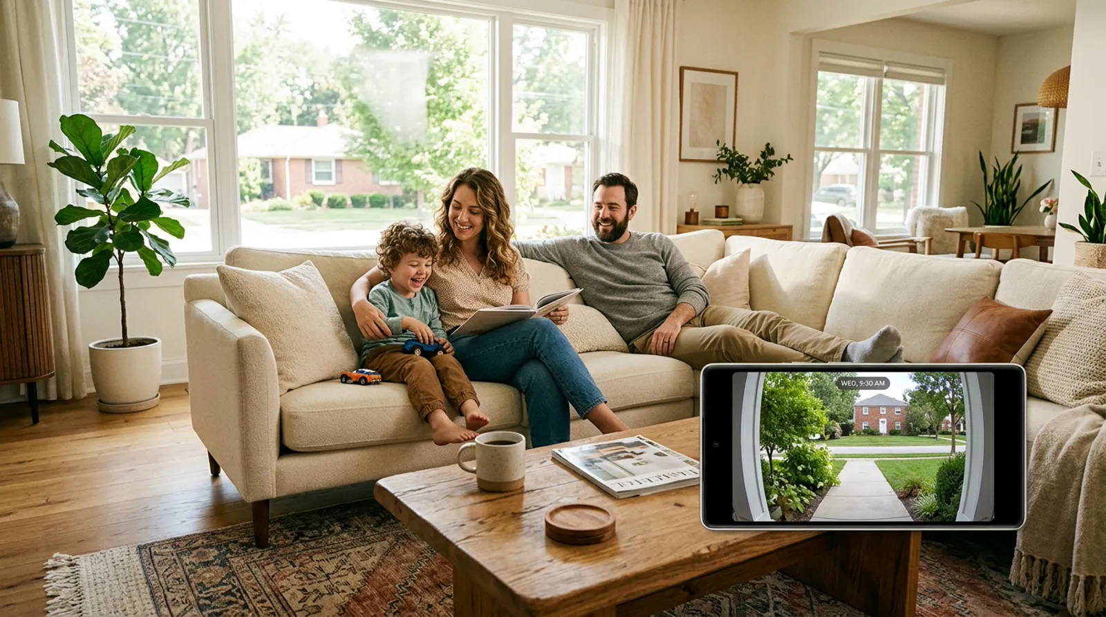 Family relaxing safely at home with smart video doorbell feed displayed on mobile phone