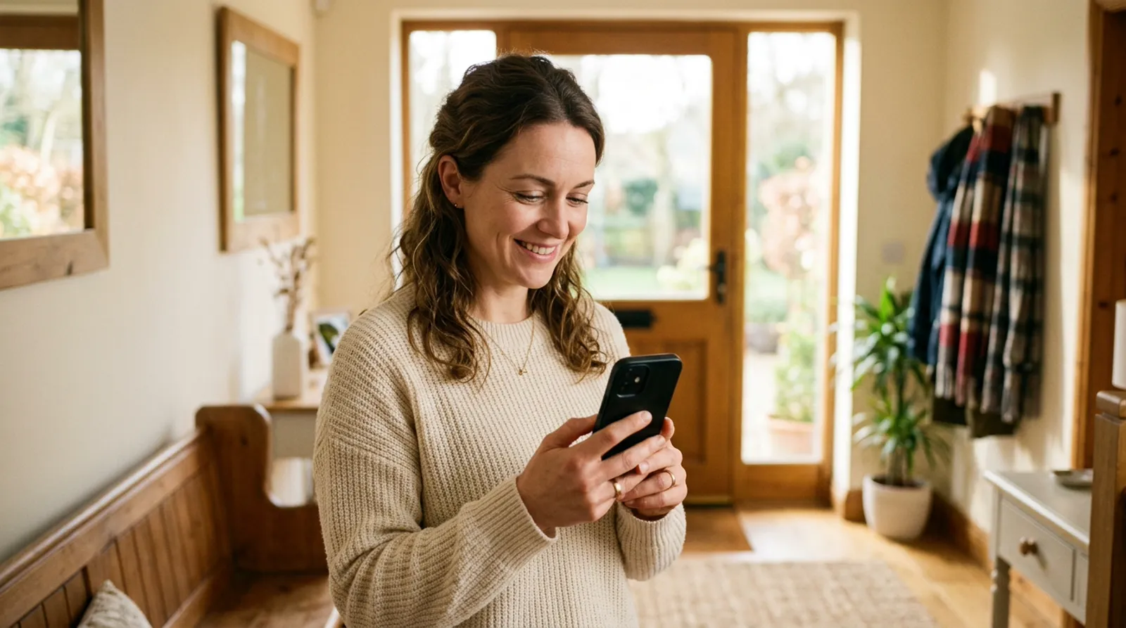 Smiling mother safely checking instant front door video doorbell alert on smartphone in bright entryway