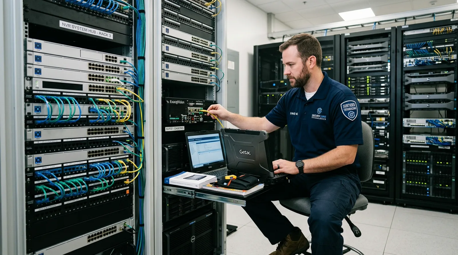Certified security technician in uniform setting up rack-mounted multi-camera NVR recording system hub