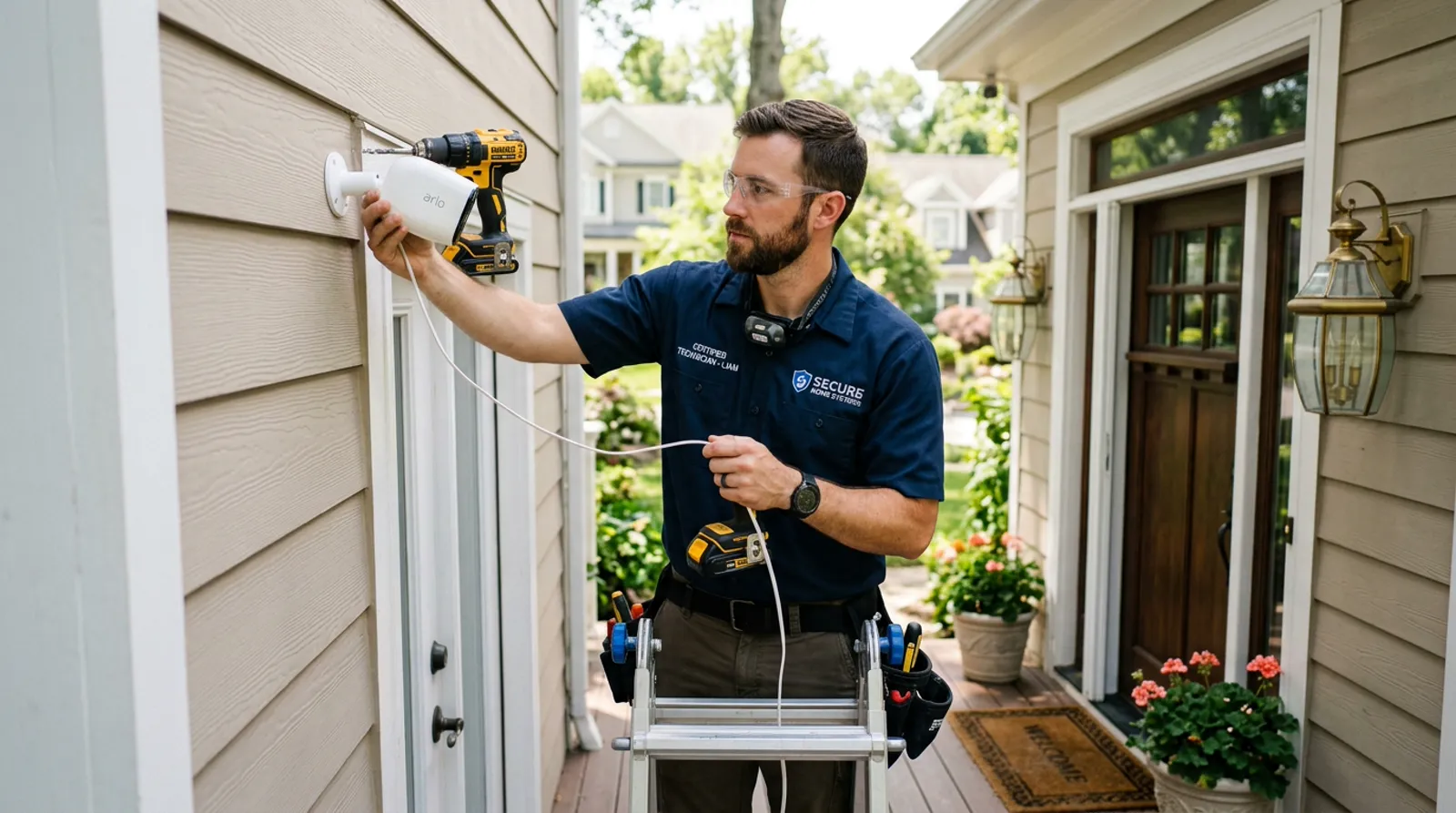 Certified security technician mounting weather-resistant 4K security camera on residential entryway