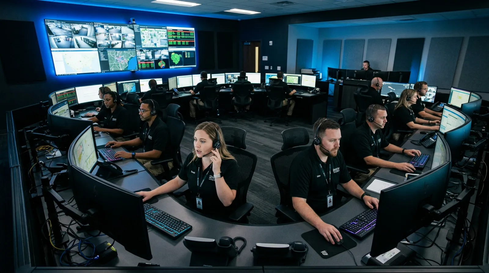 Group of certified 24/7 alarm monitoring dispatchers and customer care specialists in control room