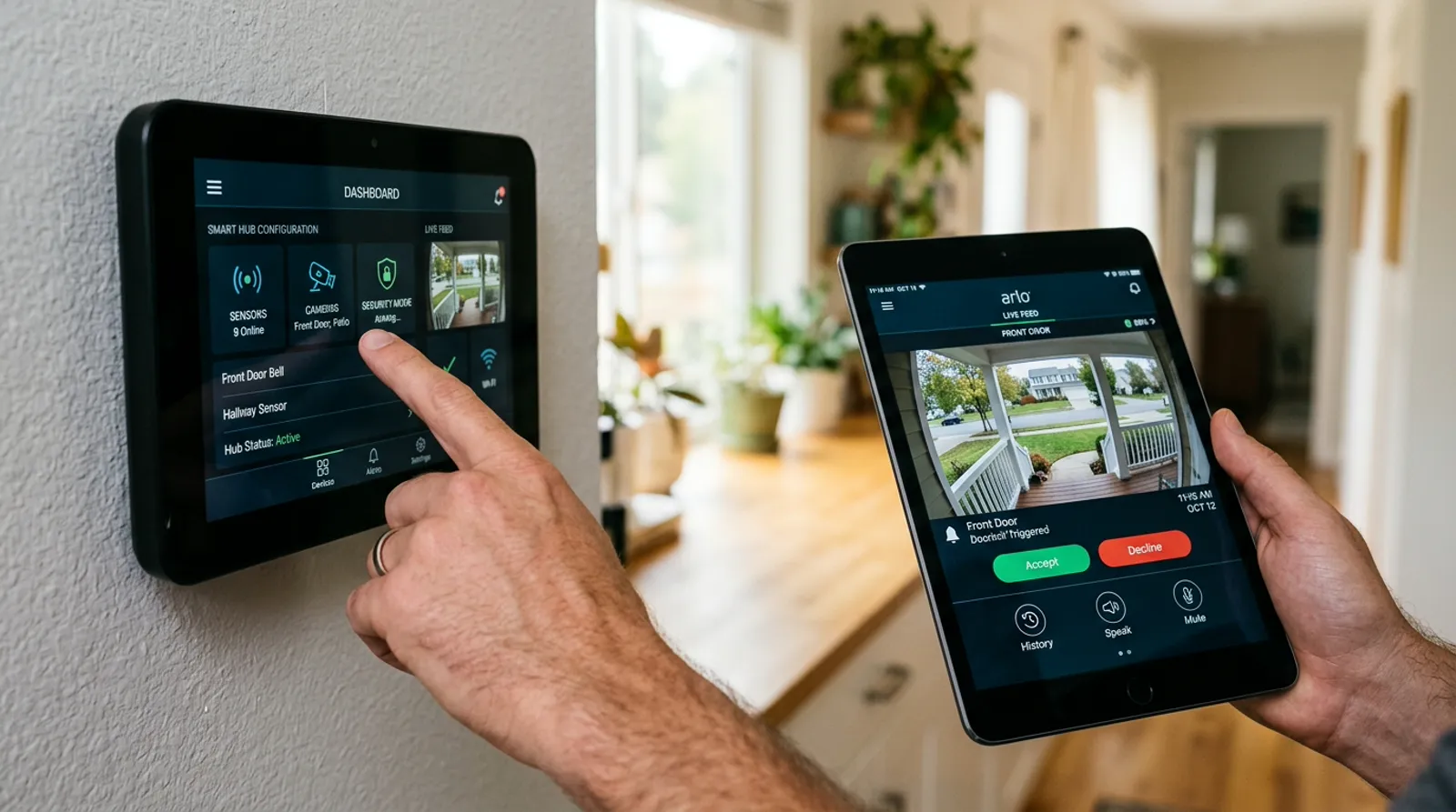 Hands configuring smart security hub and mobile video application on digital tablet