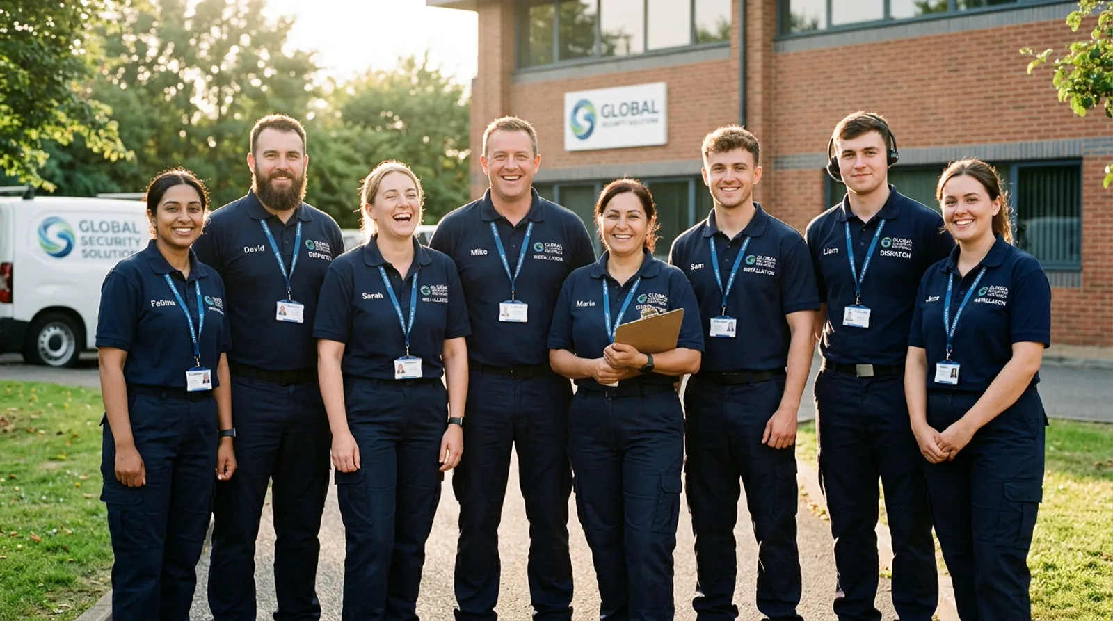Warm group portrait of licensed security installers and dispatch support specialists in neat uniforms