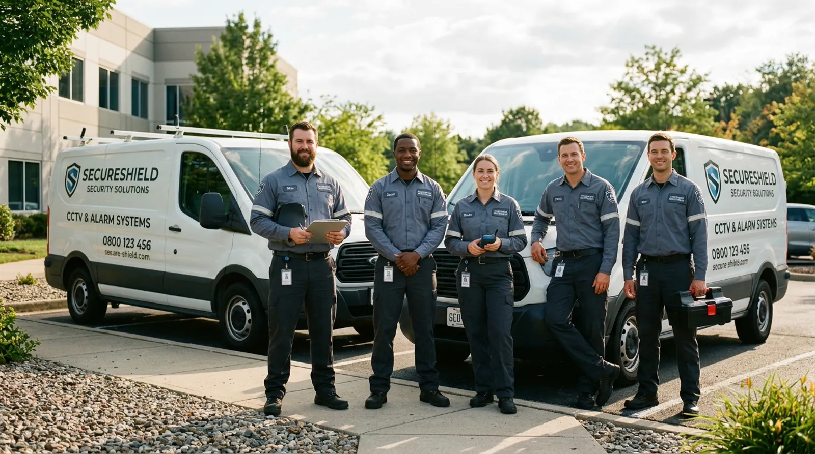 Group of certified installation technicians standing beside professional service vehicles