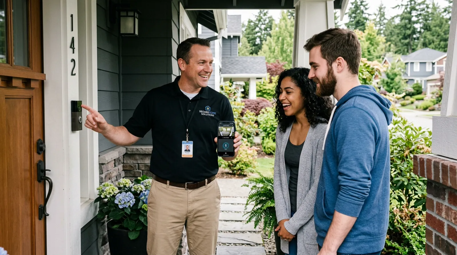 Security specialist demonstrating smart security features and explaining protection policies during property walkthrough