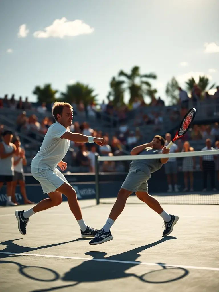 A dynamic image of players competing in a tennis tournament, highlighting the intensity and excitement of competitive play at the K&A TENNIS CLUB.
