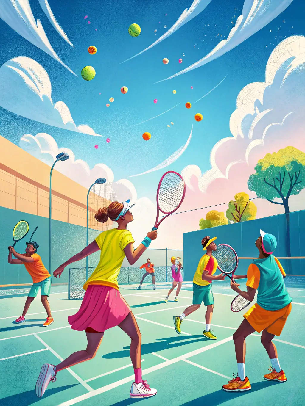 A vibrant image of children participating in a tennis clinic, showcasing their enthusiasm and engagement with the sport, set against the backdrop of the K&A TENNIS CLUB courts.