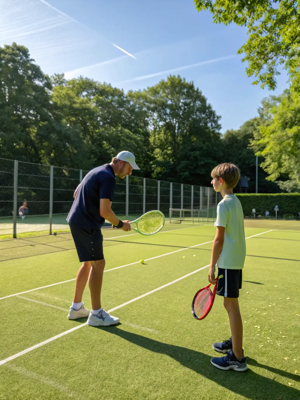 A coach demonstrating a serve to a young player on a well-maintained tennis court.