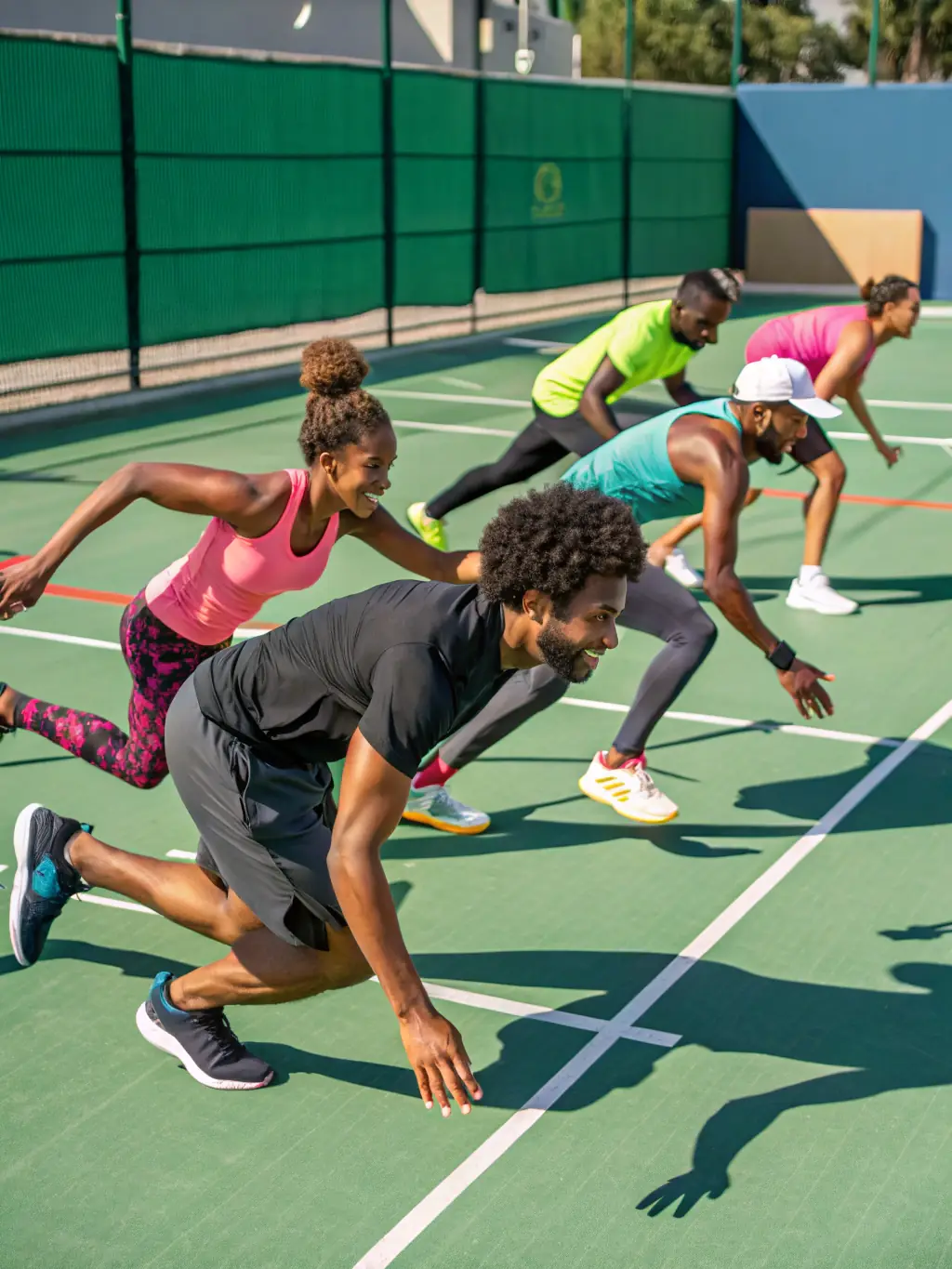 A high-energy image of adults participating in a cardio tennis class, with a coach leading the session.