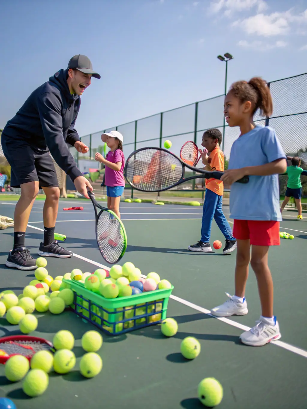 A group of children participating in a tennis summer camp, focusing on fun drills and games on a sunny outdoor court.