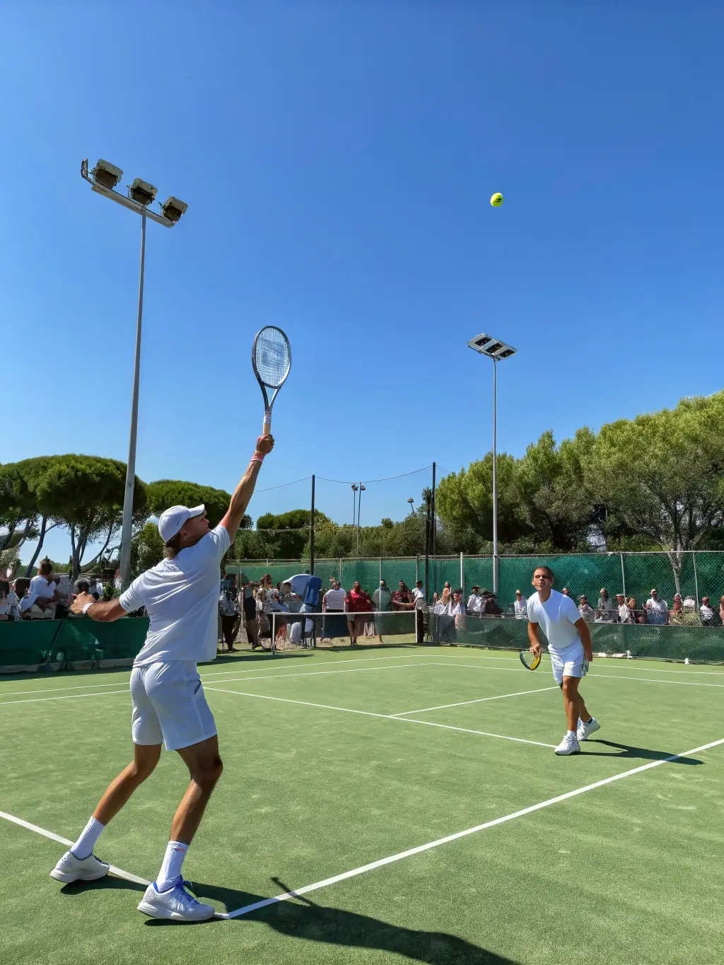 A focused image of two players during a competitive doubles match, showcasing teamwork and strategy.