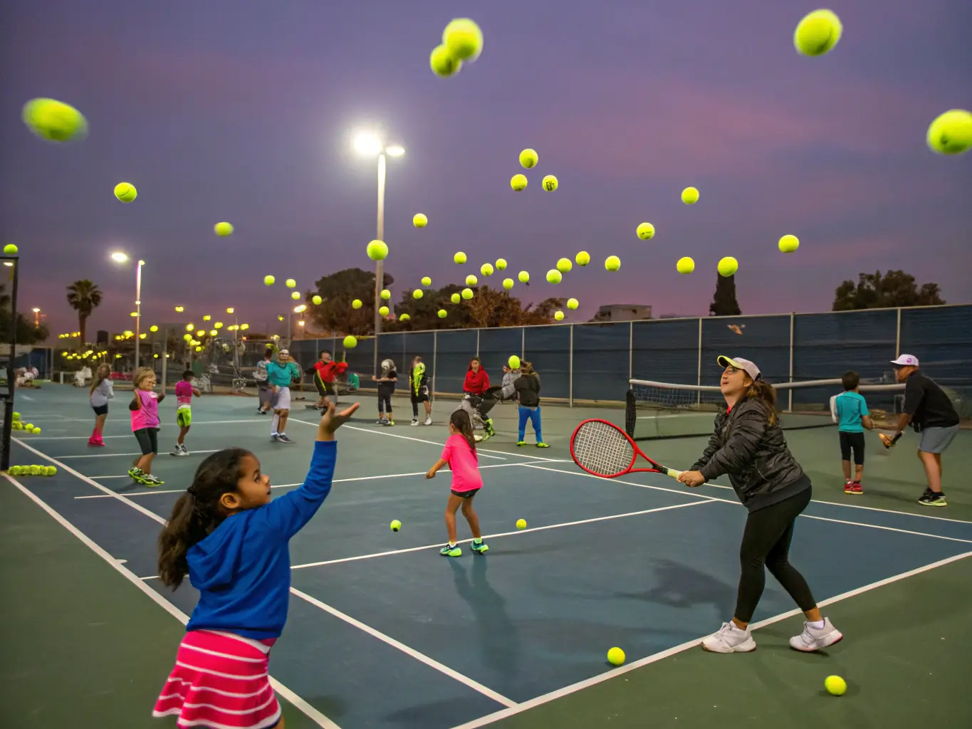 A diverse group of tennis players, young and old, participating in a group coaching session on a sunny tennis court, with the coach providing personalized feedback.